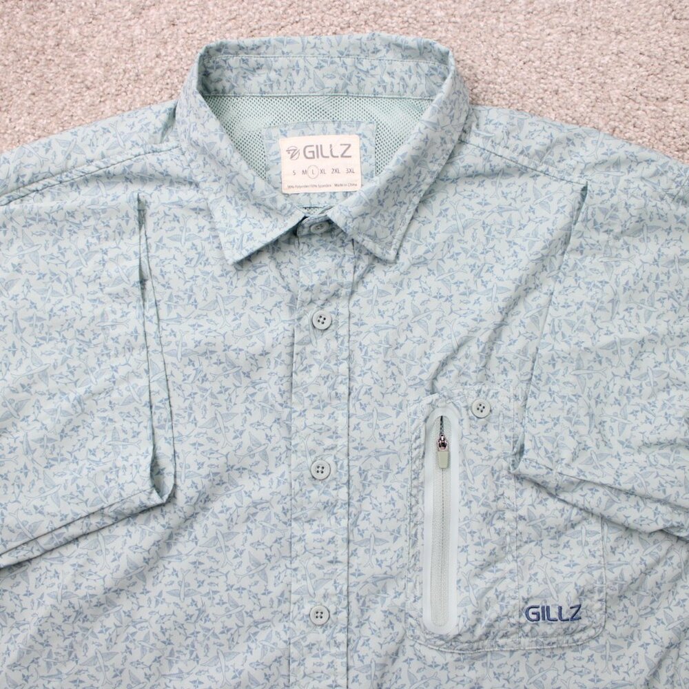 Gillz AOP Shirt Mens Large Blue Fish All Over Print Polyester Stretch L/S Button